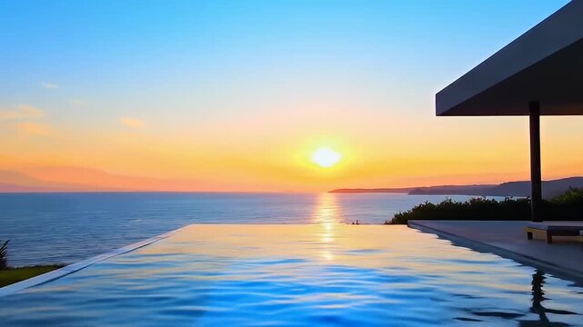 Infinity pool reflects a vibrant sunset over the ocean near a modern villa