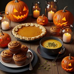 Festive autumnal table setting with pumpkin treats and candles.