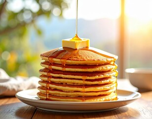 Golden Pancakes with Maple Syrup and Butter on Wooden Table, Delicious Breakfast