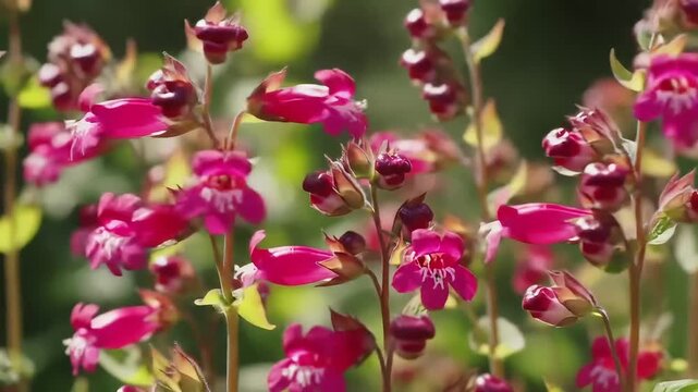 Pink Penstemon flowers bloom in garden, blurred background, nature photography