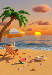 Obraz premium Cartoon Beach Scene Palm Tree, Sunset, Chair, Umbrella, Watermelon, Life Ring, Seashells, Vacation, Summer.