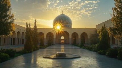 Sunrise at a mosque courtyard, arches, dome, sunburst
