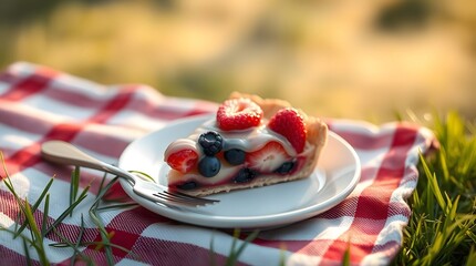 Delicious summer berry pie recipe with fresh fruit on picnic blanket in the grass