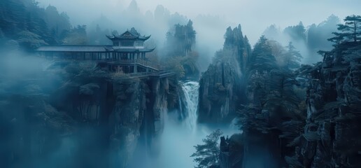 Fototapeta premium A serene landscape featuring a misty waterfall and traditional architecture amidst mountains.