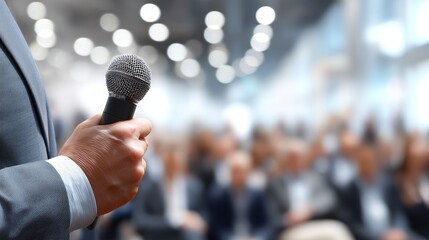 A person in a suit holding a microphone speaking to a blurred audience in a conference setting.
