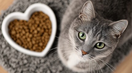 A grey cat is looking up beside a heart - shaped bowl filled with cat food, showing its cute eyes and whiskers.