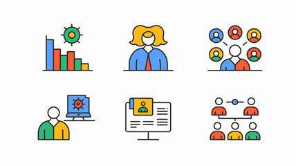 Business and management vector icons showing teamwork and organization