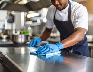 A chef wearing blue gloves cleans a shiny stainless steel kitchen countertop with a cloth in a professional kitchen.
