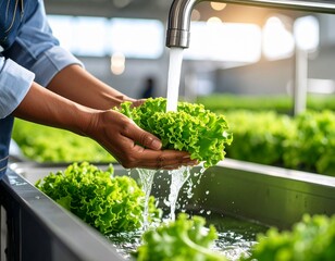 Hands wash fresh green lettuce under running water in a modern kitchen or farm setting.