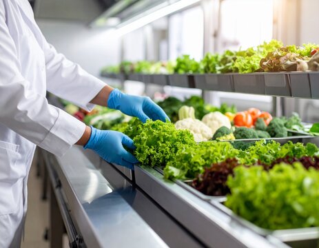 A person wearing blue gloves inspects fresh leafy greens in a controlled indoor hydroponic farm with various vegetables growing in trays.