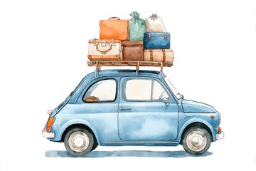 Fototapeta premium A vintage blue car loaded with colorful luggage on its roof, ready for a nostalgic road trip or travel adventure.