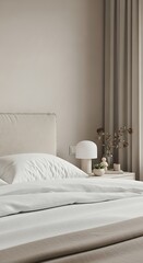Neutral bedroom interior with a bed and bedside table.