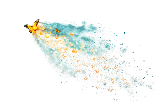 A comet trailing butterflies instead of fire, isolated on transparent background