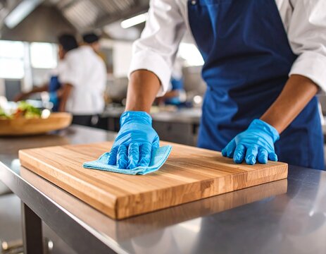 A person wearing blue gloves cleans a wooden cutting board in a commercial kitchen setting.