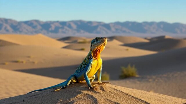 Vibrant lizard atop a desert dune, with distant mountains