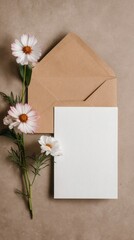 A blank white card with a brown envelope and delicate pink flowers on a neutral textured surface.