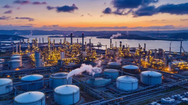 Oil refinery industrial complex with glowing lights and smokestacks during twilight, showcasing modern petrochemical infrastructure and environmental energy production systems energy infrastructure