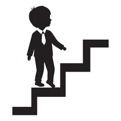 Elegant Child Silhouette Logo Walking Up Stairs in Minimalist Professional Vector Style. 