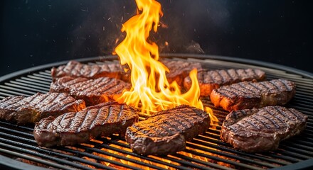 Grilled steaks cooking over flames on a barbecue grill.