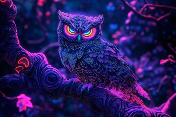 A luminous owl with neon eyes sitting atop a fractal tree, its feathers radiating swirling, psychedelic patterns in a vibrant, otherworldly forest filled with glowing flora ,  created by ai