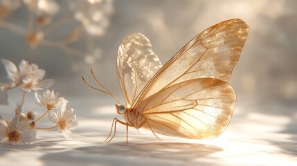 Golden butterfly on delicate flowers, soft light