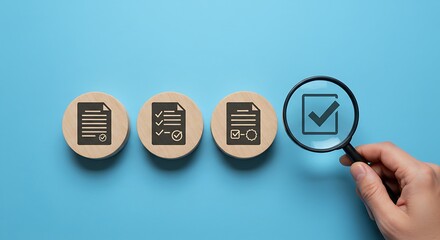 A hand uses a magnifying glass to inspect a checklist document, ensuring quality control and compliance