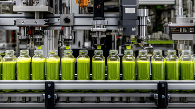 Automated bottling line for matcha green tea latte with precision machinery in modern factory setting