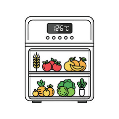 Modern smart refrigerator line icon full of fresh farm produce. Vector illustration of healthy eating, food storage, and organic vegetables.