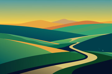 Stylized rolling hills and winding road under a gradient sky