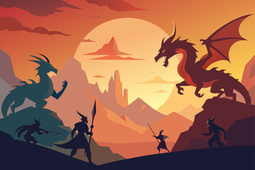 Fototapeta premium Epic dragon battle at sunset with warriors