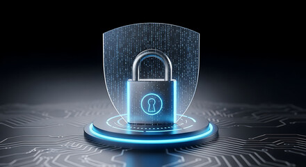Secure digital data protection concept: a lock icon on blue binary code symbolizing internet security for computer technology