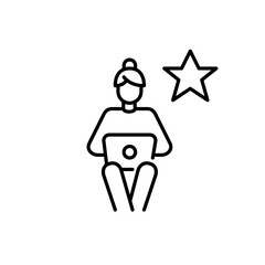 Home office and star. Woman working at laptop, favorite worker, top-rated freelancer. Pixel perfect, editable stroke vector icon