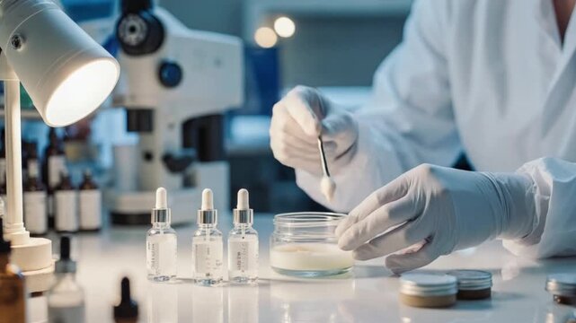 Scientist in lab coat mixes cream in jar next to microscope and bottles