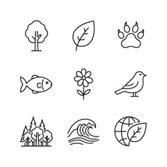 Outlined Nature Icons Representing Flora Fauna and Environmental Concepts.