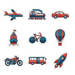Colorful Transportation Icons Depicting Various Modes of Travel and Movement.