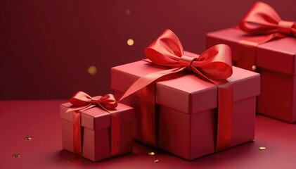 Obraz premium Elegant red ribbon tied gift boxes, gold accents, sophisticated, ribbon, present