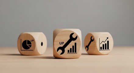 Wooden Dice Showing Black Chart, Wrench, and Graph Icons
