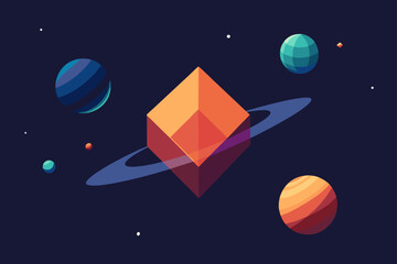 Naklejka premium Geometric planets and a ringed octahedron in space