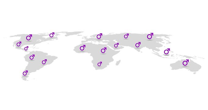 World map design from which various purple icons of women or feminism emerge from around the world.