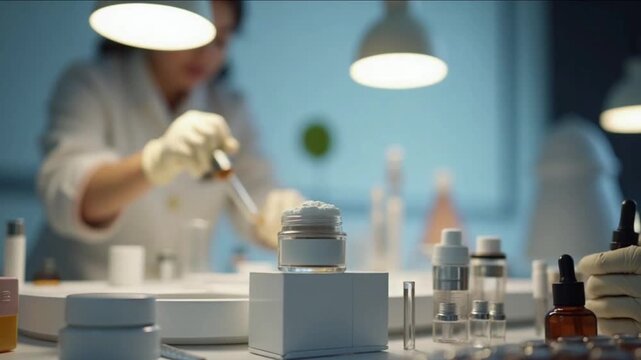 Scientist formulating skincare cream with dropper in laboratory setting for beauty products