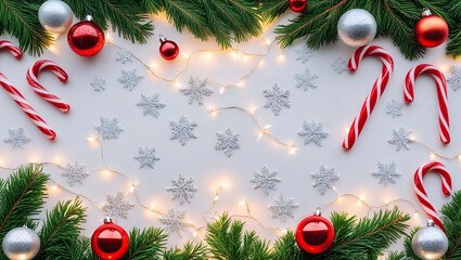 A festive Christmas flat lay background with fir branches, glowing lights, ornaments, and candy canes on a white snowflake texture.