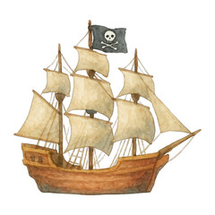 PNG Vintage pirate ship watercolor illustration.