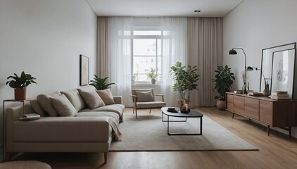 Modern apartment interior with clean design, neutral tones, and soft natural lighting.