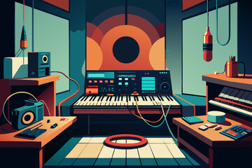 Retro music studio setup with vintage synthesizers and audio equipment