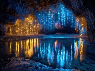 Obraz premium Glowing Yellow and Blue Lights Illuminating a Mysterious Cave with Shadows