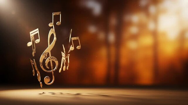 Golden Musical Notes Floating With Sunlight Against Blurred Autumnal Forest Background