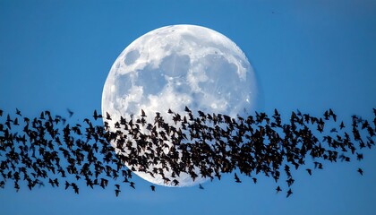 A vast flock of birds migrating against a full moon
