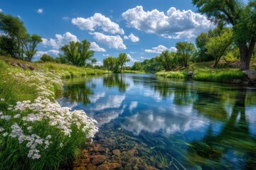 Obraz premium Vibrant Summer Day by Tranquil River with Blooming White Flowers