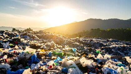 A vast mountain of plastic waste against a sunrise over hills