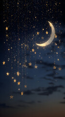 Fototapeta premium Crescent Moon and Hanging Stars in Night Sky